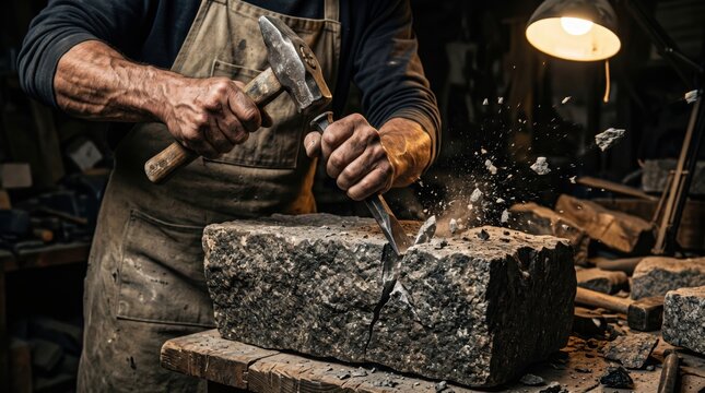 Mason chiseling stone block in workshop