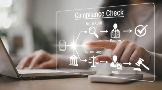 Close-up of a hand interacting with a glowing white digital holographic diagram showing internal and external legal compliance audit workflows in a professional office setting