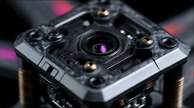 Macro view of high tech drone camera lens assembly.