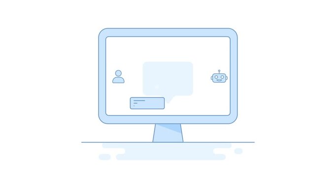AI desktop chat window, 4k video animated scene. Conversational assistant interface animation with futuristic blue UI design on white background.