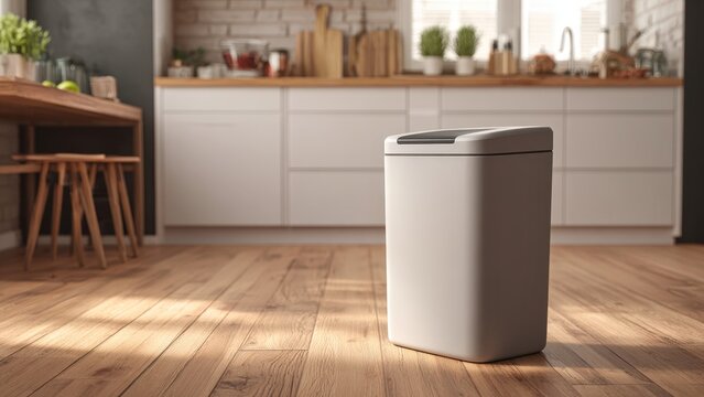 Modern grey waste bin placed on kitchen floor in bright home interior