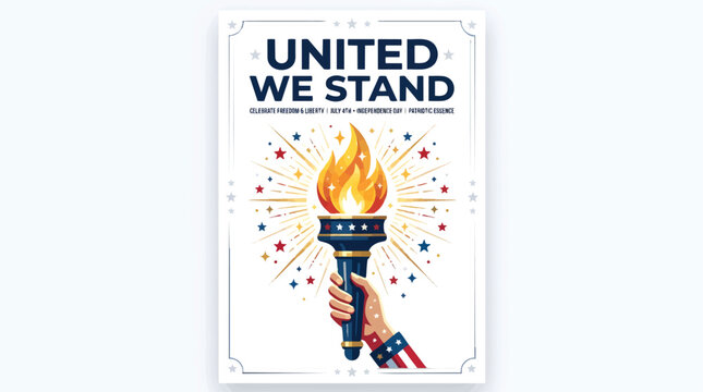 Patriotic United We Stand poster with flaming torch and stars, American liberty vector illustration for Independence Day, vintage style political propaganda art for national unity isolated PNG