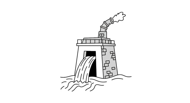 Industrial dam structure discharging water with smoke stack