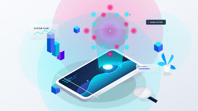 Isometric mobile data interface with glowing network nodes, system flow chart, holographic analytics, cubes, and magnifying glass on light grid