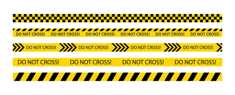 Do not cross ribbons. Set of caution bands for work places. Warning yellow black tapes. Seamless striped boundary lines under hazard construction. Barrier tapes for danger zones. Vector illustration