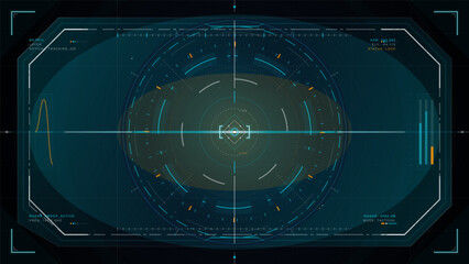 Obraz premium Futuristic radar targeting HUD interface with circular scanner, crosshair lock, telemetry bars, tactical data labels, and dark glowing display