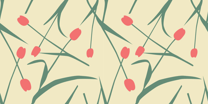 Modern seamless tulip pattern with abstract flowers and foliage
