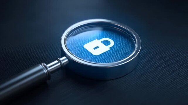 Close-up of magnifying glass focusing on digital lock symbol on dark textured surface representing cybersecurity and data protection concept