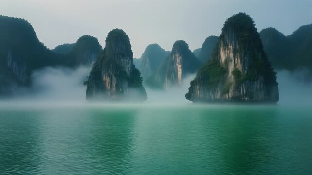 Misty limestone karsts rising from calm turquoise waters at dawn