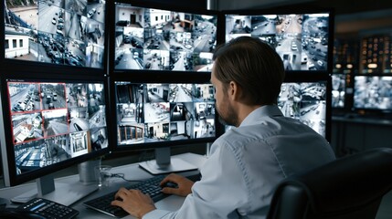 Fototapeta na wymiar Security guard monitors multiple surveillance camera feeds on large screens in a control room
