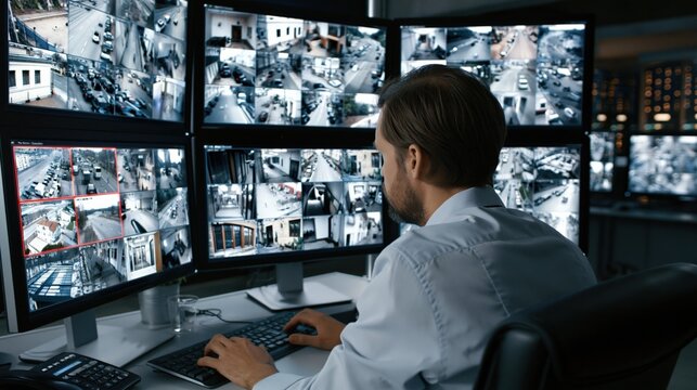 Security guard monitors multiple surveillance camera feeds on large screens in a control room
