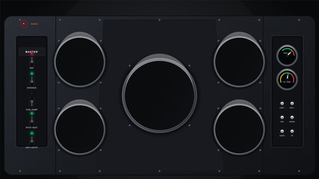 Dark aircraft cockpit instrument panel vector with blank round gauge bezels, side switch controls, warning light, engine dials and screw details.