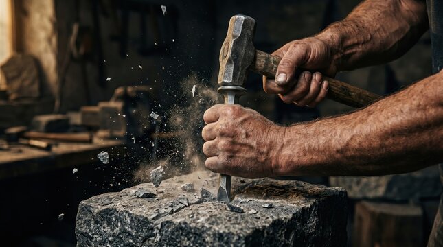 Stone mason chiseling rock by hand