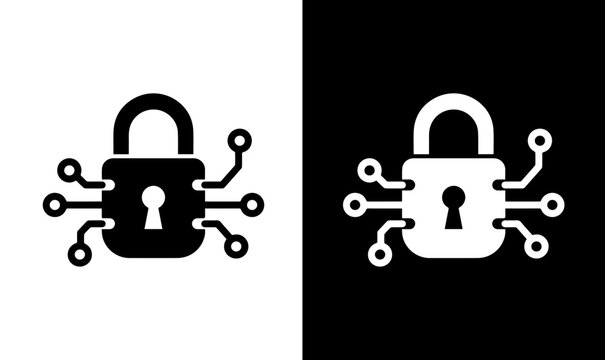 Cybersecurity lock with digital circuit lines logo design