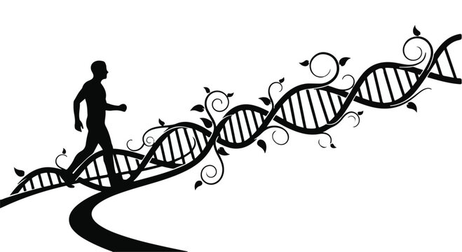 Silhouette of a person running on a path winding through a stylized DNA helix, symbolizing progress and life.
