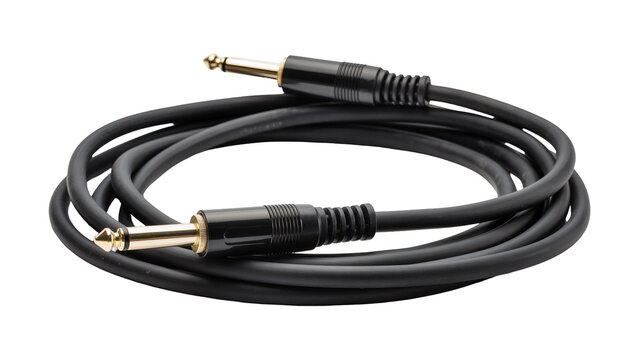 Isolated coiled black audio cable with two golden 1/4 inch TS jack plugs for musical instruments