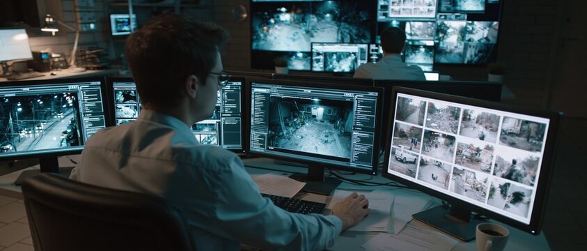 Man monitoring multiple security surveillance feeds on computer screens in control room