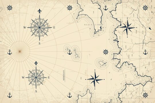 Vintage nautical map background, featuring compass roses, ship anchors, and, maritime navigation grid, lines on aged, beige parchment paper texture
