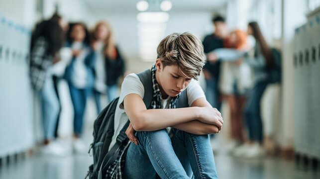 Sad teenage boy sitting alone in school hallway while classmates ignore him