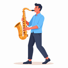 Fototapeta premium Young man playing golden saxophone with passionate musical expression.