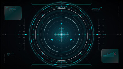 Futuristic radar HUD vector interface with large circular scanner, compass bearings, sync status, side measurement scales and dark grid background. © Антон Сальников