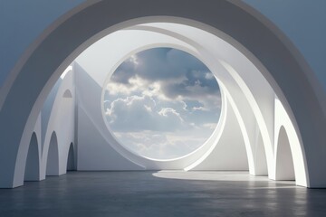 Fototapeta premium Abstract white archway frames cloudy sky view. Modern empty interior space for product presentation or text. Minimalist architecture design with geometric shapes and curves.