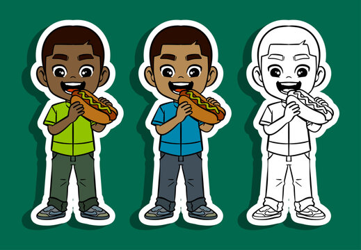 Boy Eating Hot Dog Illustration Set