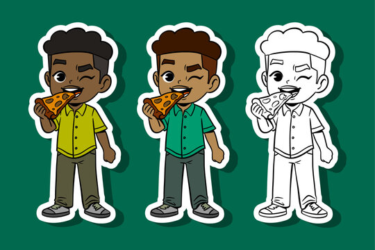 Boy Eating Pizza Illustration Set