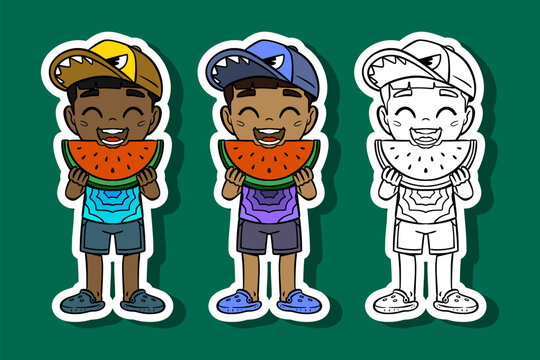 Boy Eating Watermelon Illustration Set