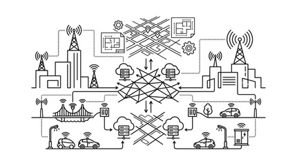Obraz premium Line art infographic drawing vector collection of smart city architecture entourage layout elements with mesh network and telecom towers