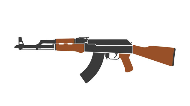 Illustration of an AK-47 rifle with a black body and brown stock and grip against a plain white background.