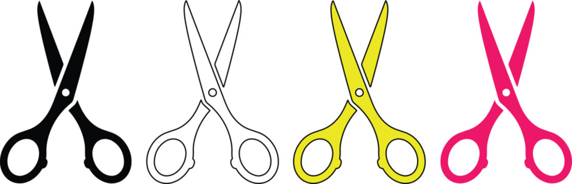 Four colorful scissors vector set, black, outline, yellow, and pink cutting tools, sharp blades for crafting and office use, isolated on white background