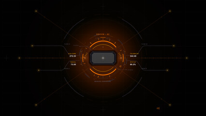 Fototapeta premium Dark futuristic HUD interface with orange circular telemetry rings, connected nodes, data readouts, and grid background in vector style