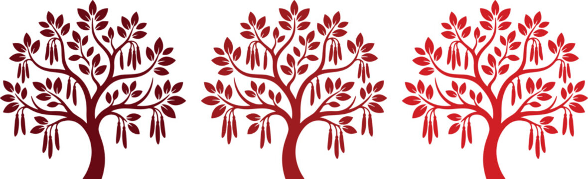 Stylized red tree vector set, three decorative trees with leaves and hanging elements, nature-inspired graphic resources for branding and design projects