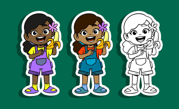 Happy Girl Eating Banana Illustration Set