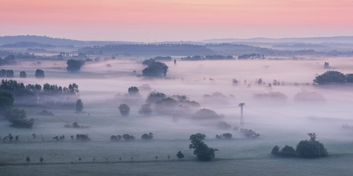 View from the Teufelsmauer (Devil's Wall) into the Harz foothills, landscape with trees and fields in fog and at dawn, Teufelsmauer nature reserve, near Blankenburg, Harz, Saxony-Anhalt, Germany