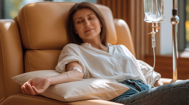Relaxed Woman Receiving Intravenous Vitamin Infusion Therapy in Comfortable Chair at Home