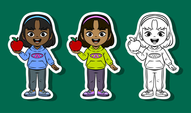 Girl Holding Apple Illustration Set