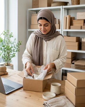 Pr&eacute;paration de colis artisanaux dans un atelier e-commerce lumineux
