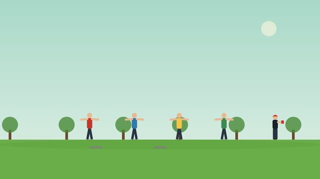 Animated flat design people relaxing in park with trees and sunny sky