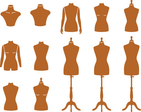 Fashion Mannequin Vector Set, elegant brown tailor's dummies, dress forms, and bust stands for clothing design and retail display, isolated on white background