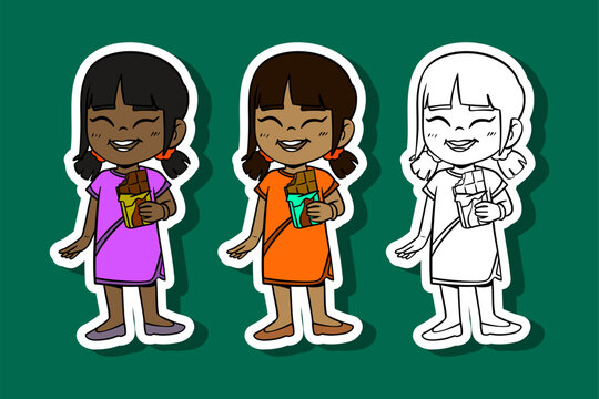 Little Girl Eating Chocolate Bar Illustration Set