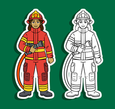 Firefighter Woman Color and Outline Illustration Set