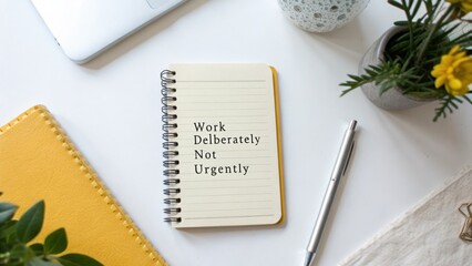 Fototapeta premium Inspirational Workspace Setup with Notepad Encouraging Deliberate Work Mindset and Productive Environment