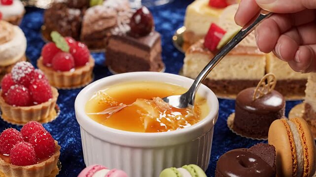 Spoon cracking caramelized sugar crust topping. Dessert bowl served. Sweet treats arranged. Food party.