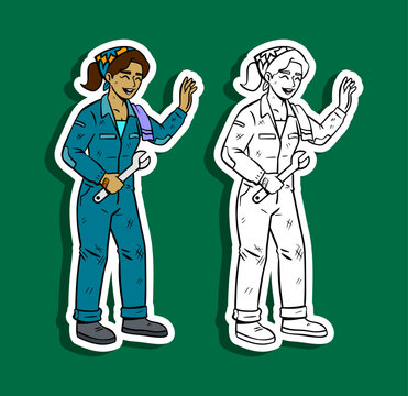 Female Mechanic Waving Hand Color and Outline Illustration Set