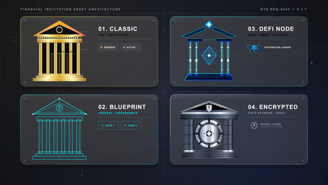 Dark financial asset architecture interface with classic bank, blueprint institution, digital node and encrypted vault panels in neon vector style