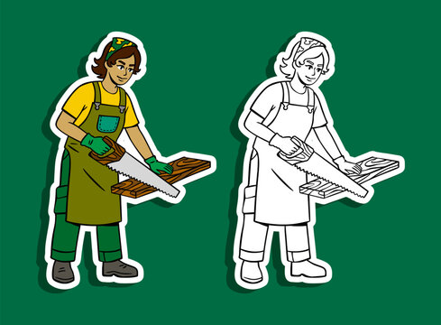 Female Carpenter Sawing Wood Illustration Set