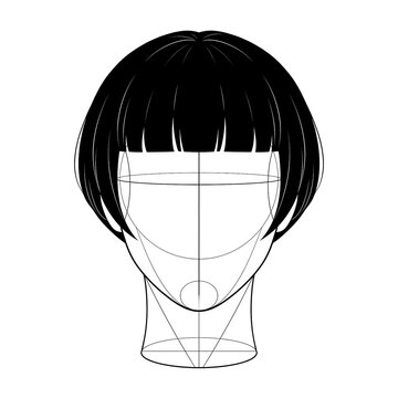 Hand drawn sketch of 1920s dutch boy bob haircut front view isolated.