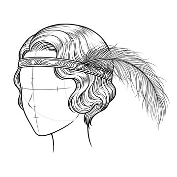 Hand drawn sketch of Gatsby updo with evening aigrette side isolated.